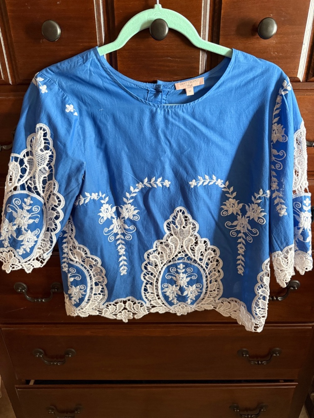 Embroidered Blue Cropped Top with White Lace Details